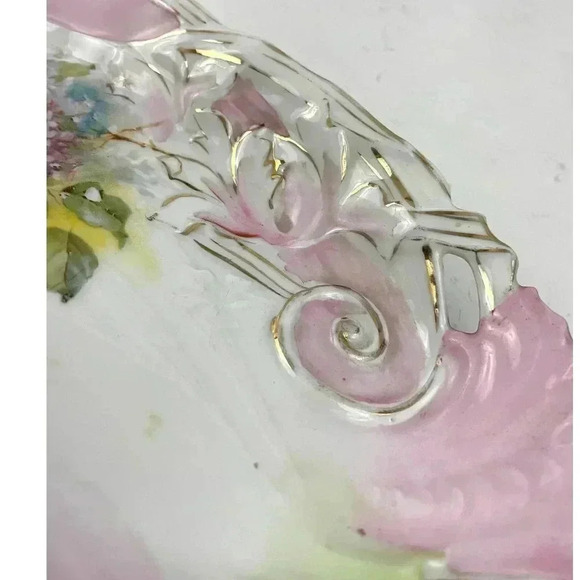 VTG Pink Green Porcelain Celery Dish Cut Out Handles Gold Accent Estate Find - Picture 11 of 14